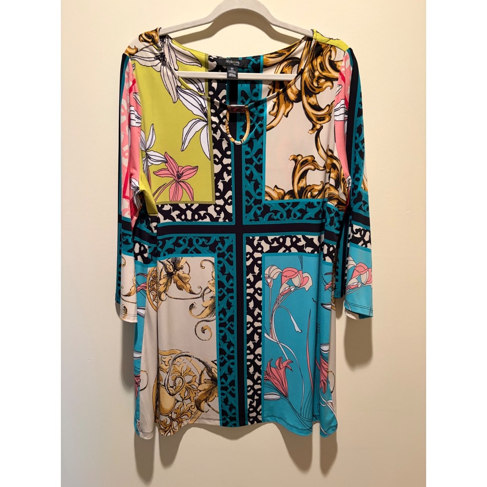 Style & Co Woman Tunic Top 2X Multi Patchwork Floral Baroque‎ Keyhole 3/4 Slv